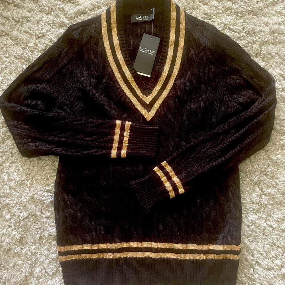 Lauren Ralph Lauren Black Tennis Sweater with Metallic Gold Trim NWT Sz M